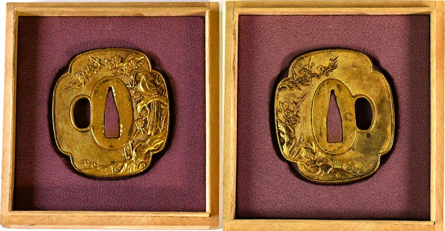 樹木に尾長鳥図鐔 無銘 Tsuba 品番:TSU059