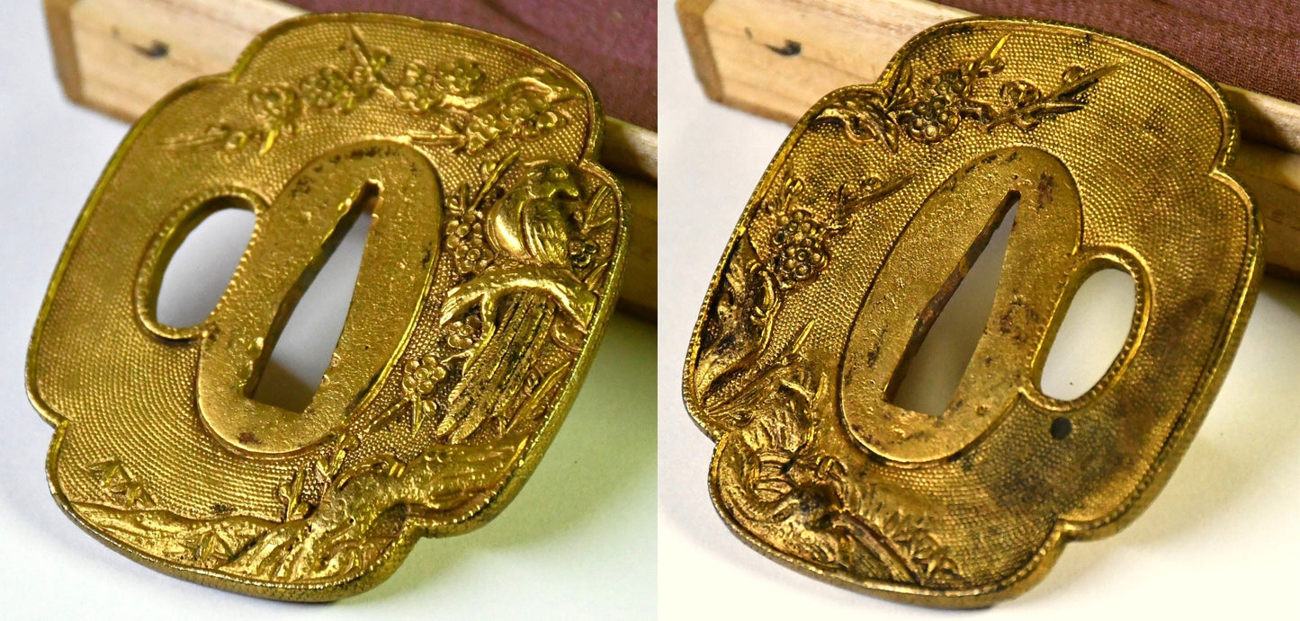 樹木に尾長鳥図鐔 無銘 Tsuba 品番:TSU059