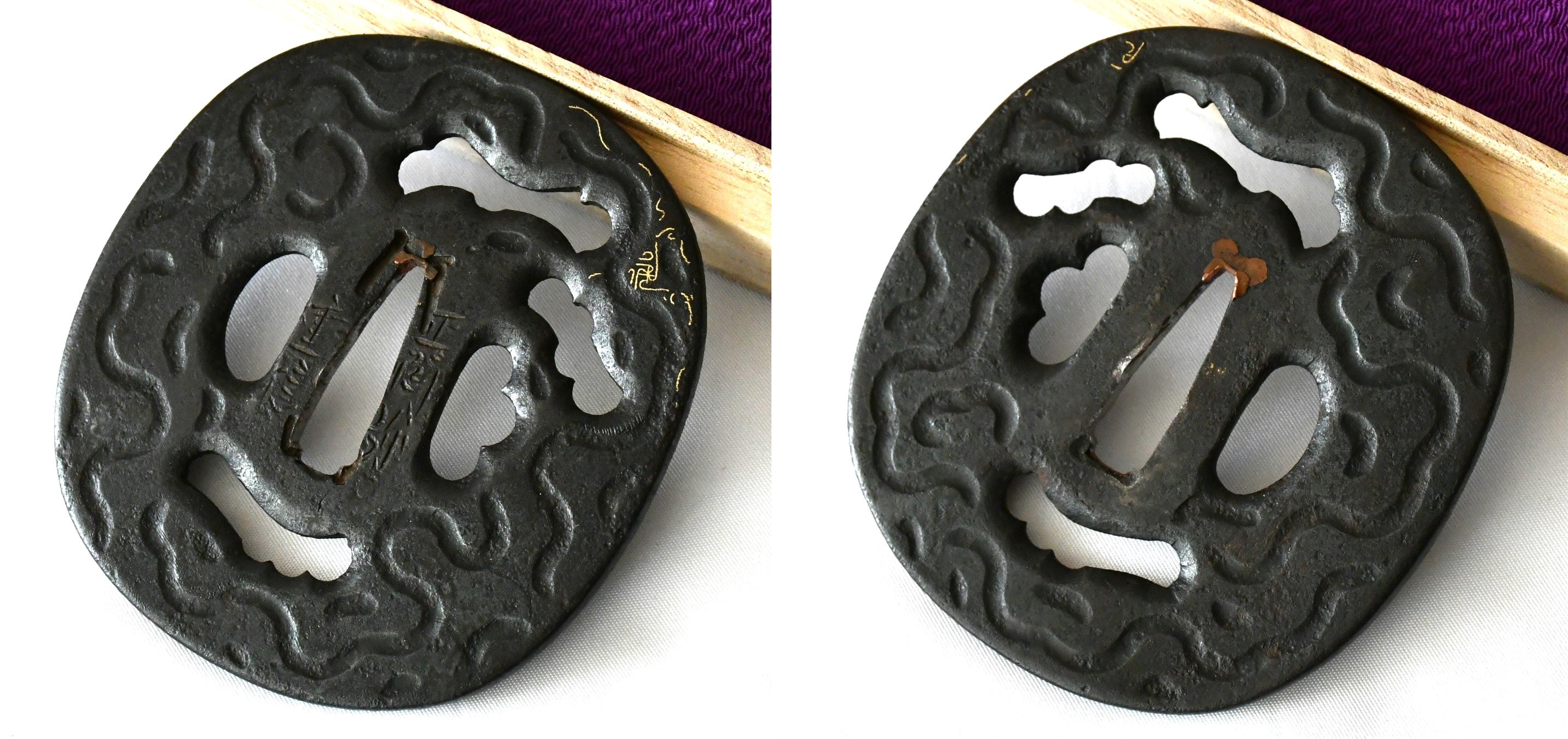虫喰模様図鐔 銘 正阿弥重信 保存刀装具鑑定書 Tsuba Pattern of