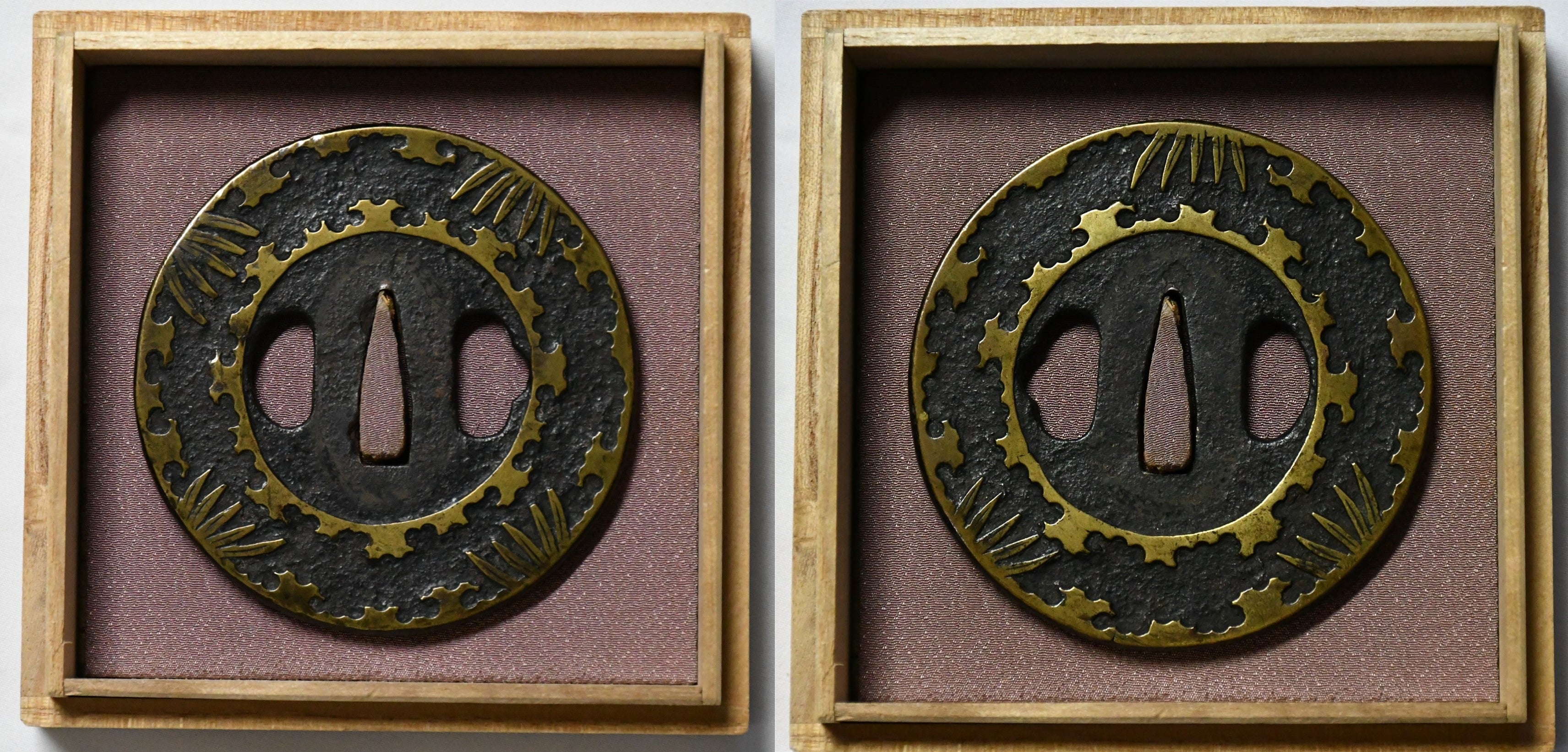 笹雪図鐔 無銘 平安城象嵌 保存刀装具鑑定書 Tsuba Bamboo grass and