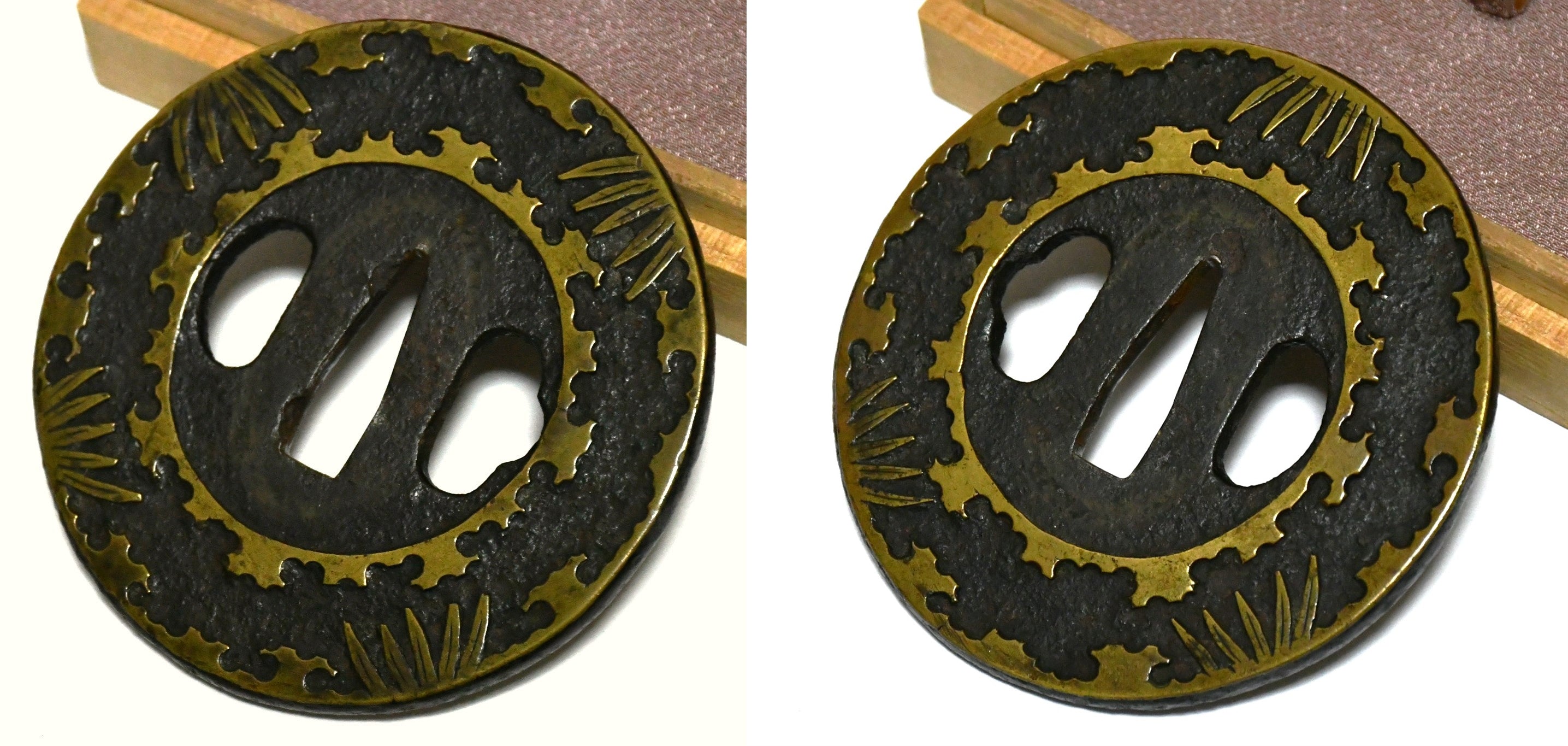 笹雪図鐔 無銘 平安城象嵌 保存刀装具鑑定書 Tsuba Bamboo grass and