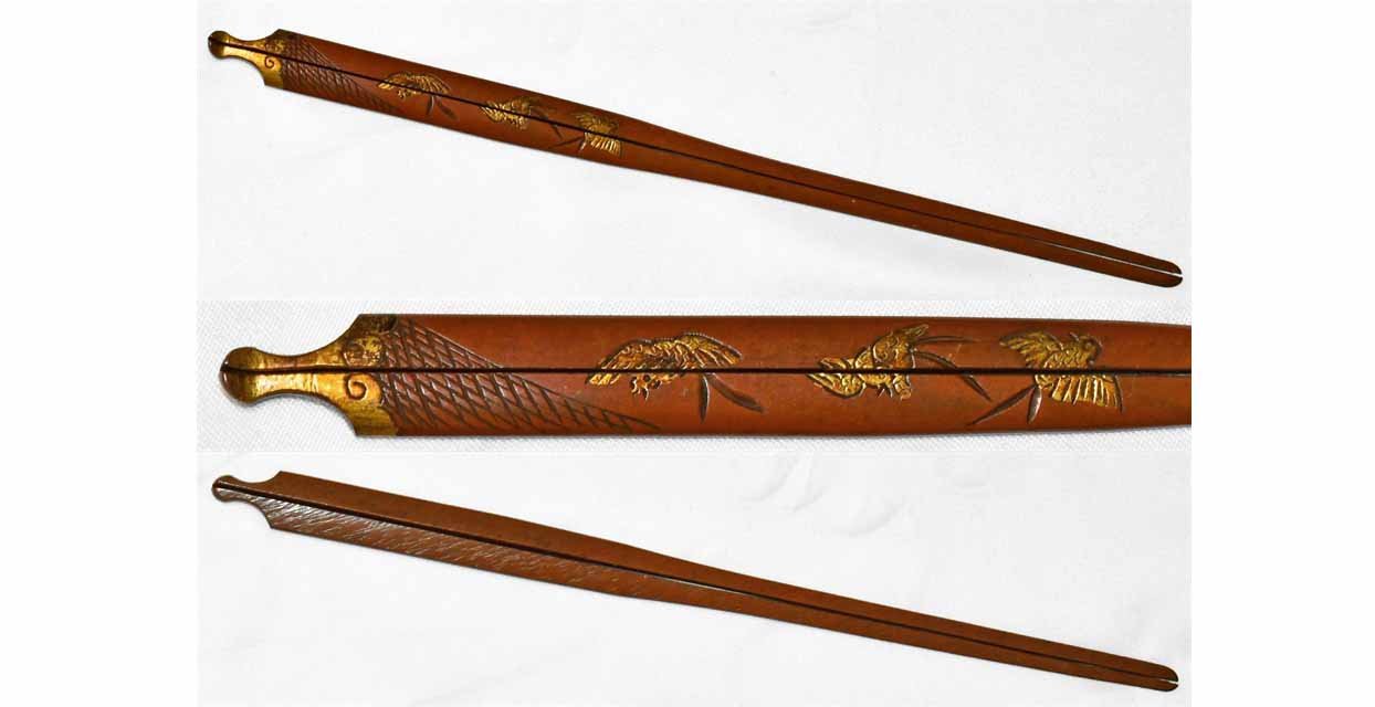 干網飛燕図割笄 無銘 水戸 保存刀装具鑑定書 Kougai （Nets and